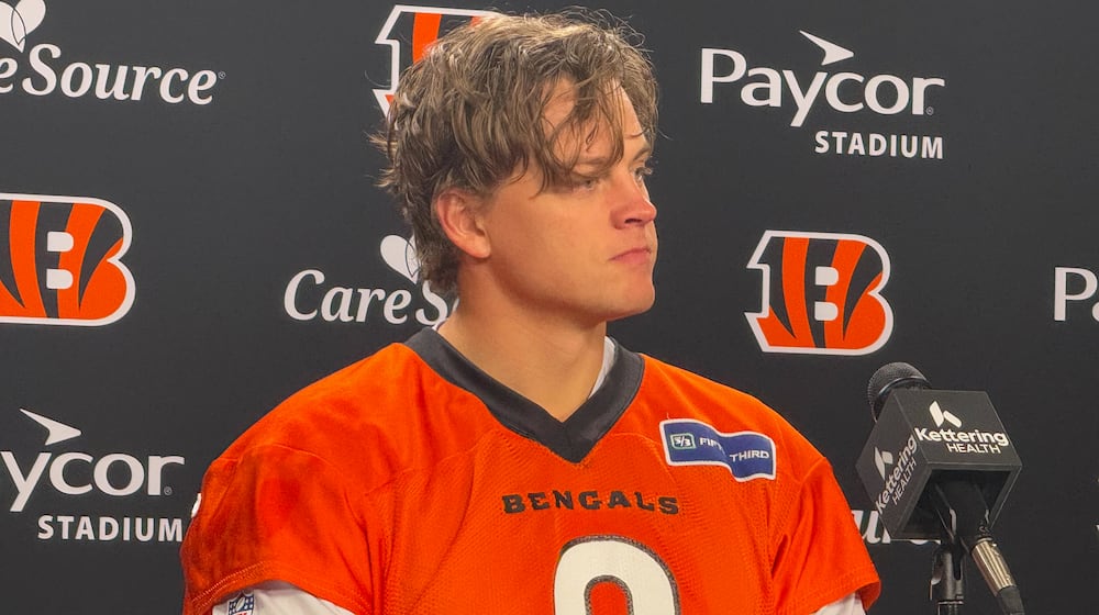 Cincinnati Bengals quarterback Joe Burrow talks to the media for the first time after missing nearly two months of the season due to toe surgery. LAUREL PFAHLER / CONTRIBUTED PHOTO