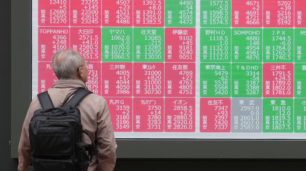 A person looks at an electronic stock board showing Japan's Nikkei index at a securities firm Tuesday, Nov. 25, 2025, in Tokyo. (AP Photo/Eugene Hoshiko)
