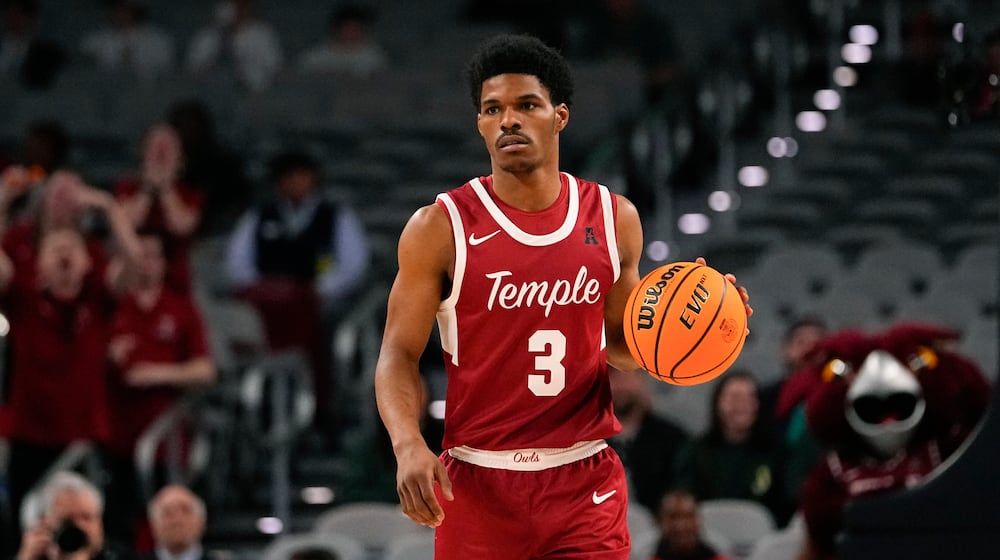 FILE - Temple's Hysier Miller dribbles up court against UAB during the first half of an NCAA college basketball game in the championship of the American Athletic Conference tournament, March 17, 2024, in Fort Worth, Texas. (AP Photo/Julio Cortez, File)