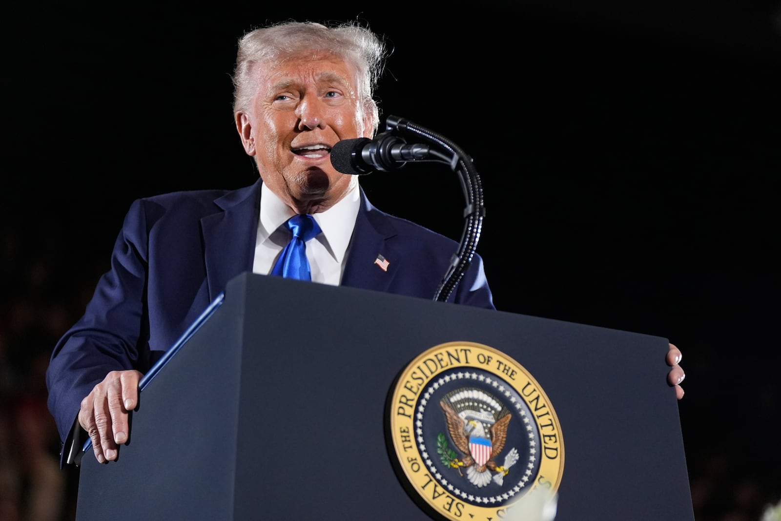 President Donald Trump gives a commencement address at the University of Alabama, Thursday, May 1, 2025, in Tuscaloosa, Ala. (AP Photo/Manuel Balce Ceneta)
