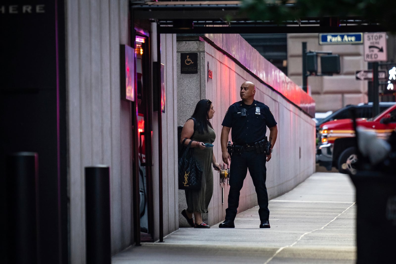 The scene on 52nd Street between Park and Lexington Avenue where an New York Police Department police officer was shot, Monday, July 28, 2025, in New York. (AP Photo/Angelina Katsanis)
