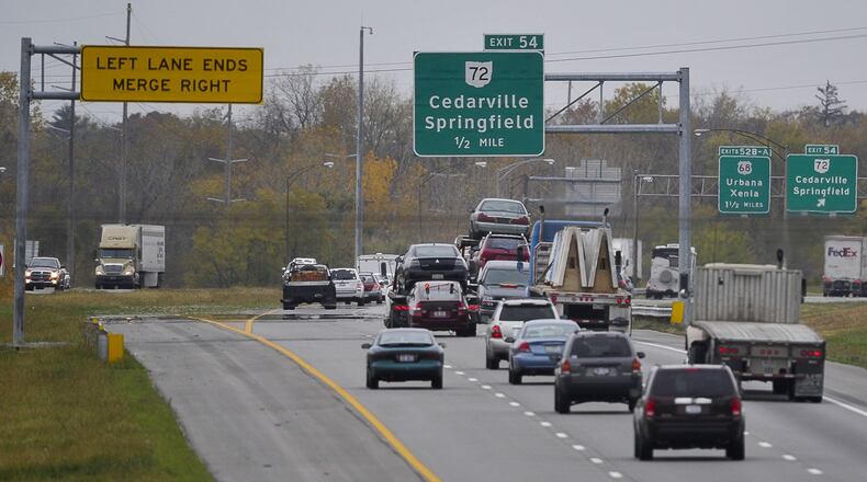 Westbound Interstate 70 east of Ohio 72 where the roadway goes from three lanes down to two. Staff photo by Bill Lackey