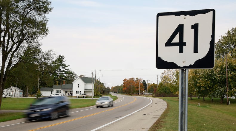 The site of the Aug. 22 fatal bus crash on Ohio Route 41 in German Township Thursday, Oct. 19, 2023. A parent is proposing adding rumble strips to the center line. BILL LACKEY/STAFF