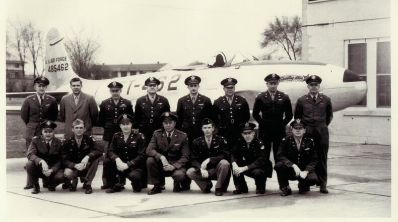 Air Materiel Command Experimental Test Pilot School Class of 1949D at Patterson Field. Front: Capt. J. R. Amann, Maj. J. C. Wise, Maj. G. V. Lane, Maj. P. P. Haug, Lt. R. J. Harer, Lr. R. D. Hippert, Capt. S. P. Parsons. Back row: Maj. K. O. Chilstrom (commandant), J. Krug, Capt. G. B. Quisenberry, Maj. D. A. Johnson, Capt L. K. Nesselbush, Capt. R. M. Roth, Capt, R. L. Stephens, Capt. R. M. Howe.
Photo credit: Air Force Life Cycle Management Center History Office
