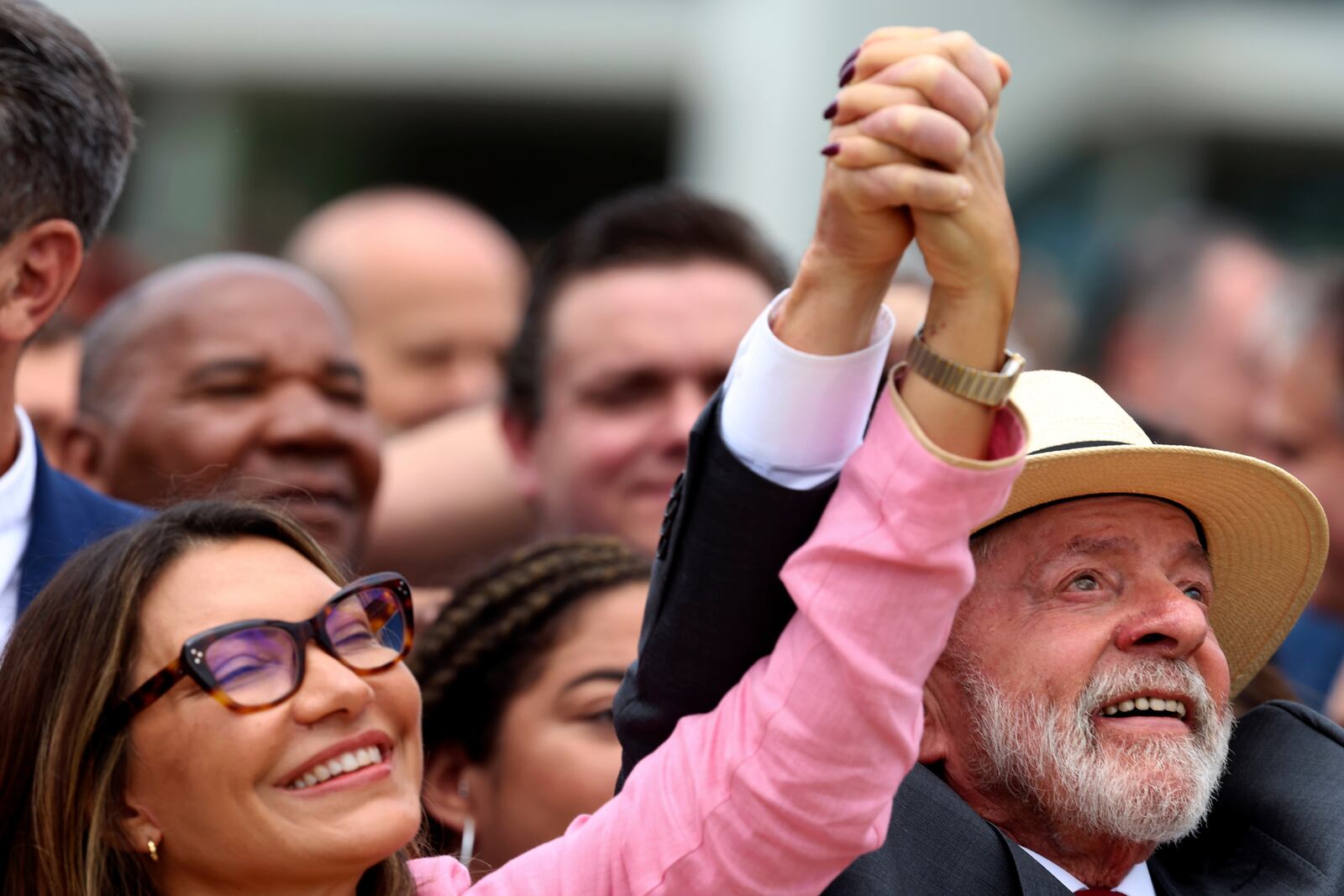 FILE - Brazilian President Luiz Inácio Lula da Silva and first lady Rosangela da Silva attend a pro-democracy event marking two years since the alleged coup attempt when supporters of former President Jair Bolsonaro invaded government buildings and called for military intervention, in Brasilia, Brazil, Jan. 8, 2025. (AP Photo/Luis Nova, File)
