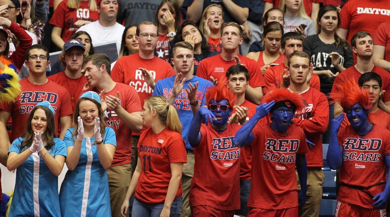 Dayton fans cheer during a game against Findlay on Friday, Nov. 4, 2016, at UD Arena. David Jablonski/Staff