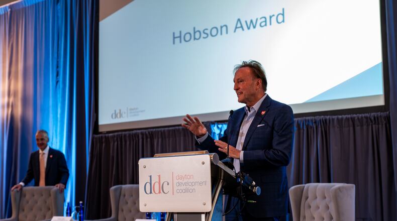 The Dayton Development Coalition awarded its Dave
Hobson Dayton Region Advocate Award to former DDC board member Scott
McGohan on Tuesday, May 14, 2024. Contributed by Sydney Eldridge, DDC.