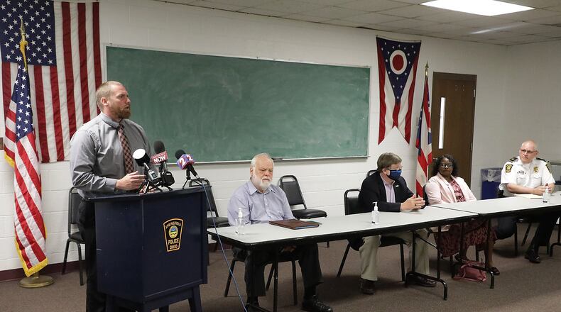 Springfield City Manager Bryan Heck speaks during a press comference Wednesday regarding the city’s curfew that was put in place after Sunday night’s disturbance and vantaglism in the downtown area. BILL LACKEY/STAFF