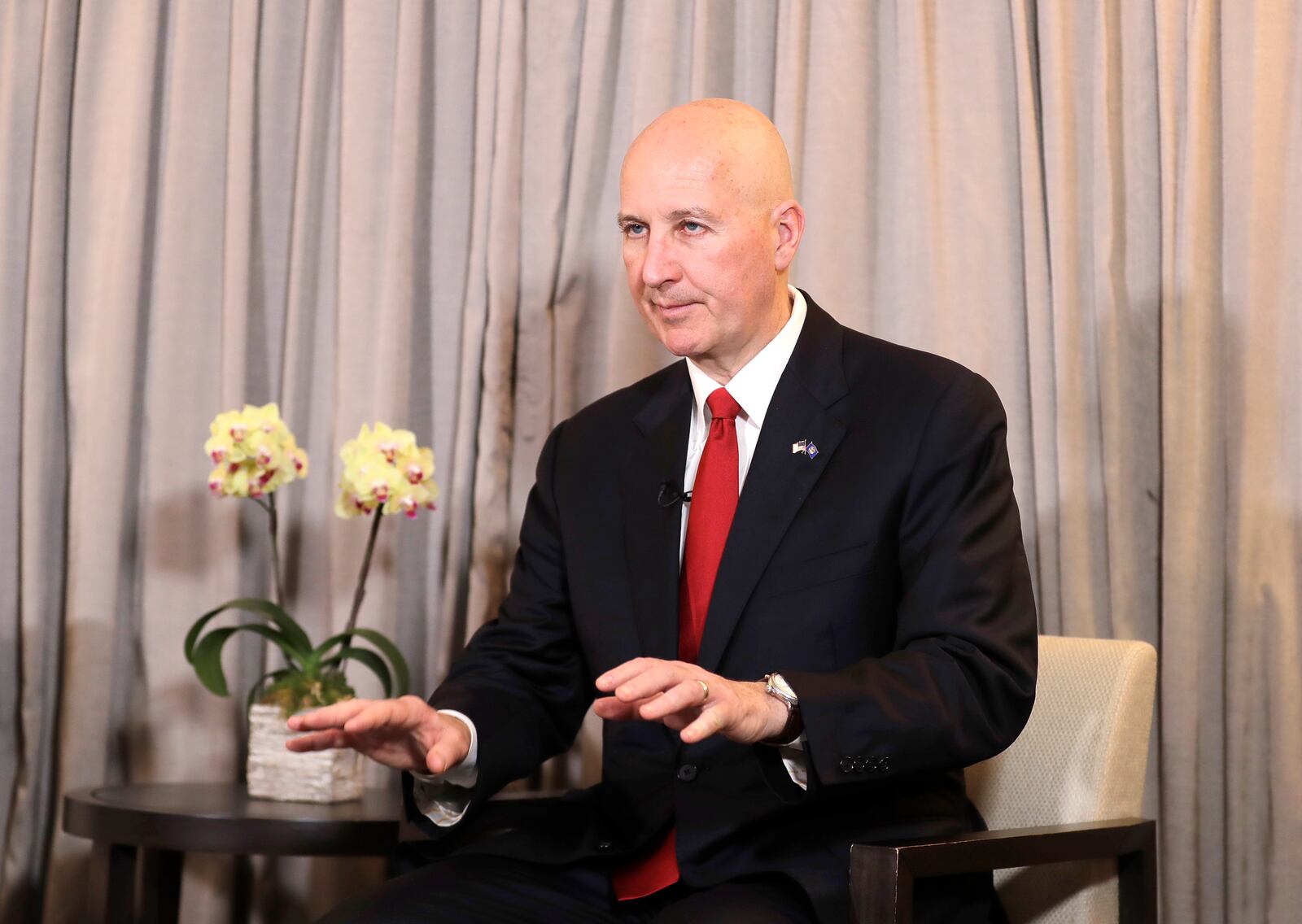 U.S. Senator Pete Ricketts is interviewed by the Associated Press in Taipei, Taiwan, Thursday, April 17, 2025. (AP Photo/Chiang Ying-ying)