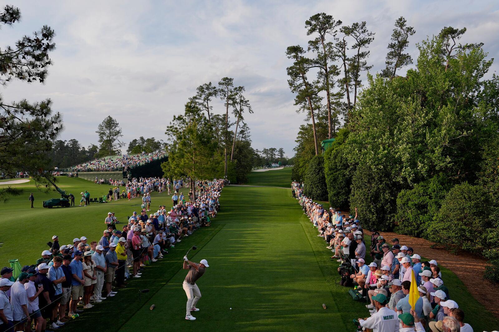 Rory McIlroy, of Northern Ireland, hits his tee shot on the 18th hole during the first round at the Masters golf tournament, Thursday, April 10, 2025, in Augusta, Ga. (AP Photo/Julia Demaree Nikhinson)