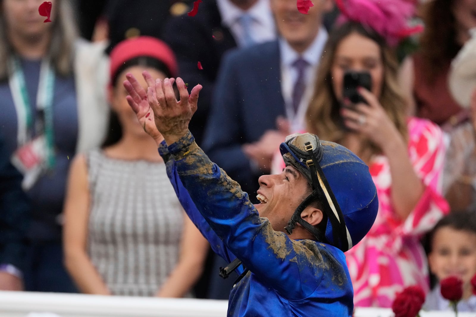 Junior Alvarado celebrates after riding Sovereignty to victory in the 151st running of the Kentucky Derby horse race at Churchill Downs Saturday, May 3, 2025, in Louisville, Ky. (AP Photo/Brynn Anderson)