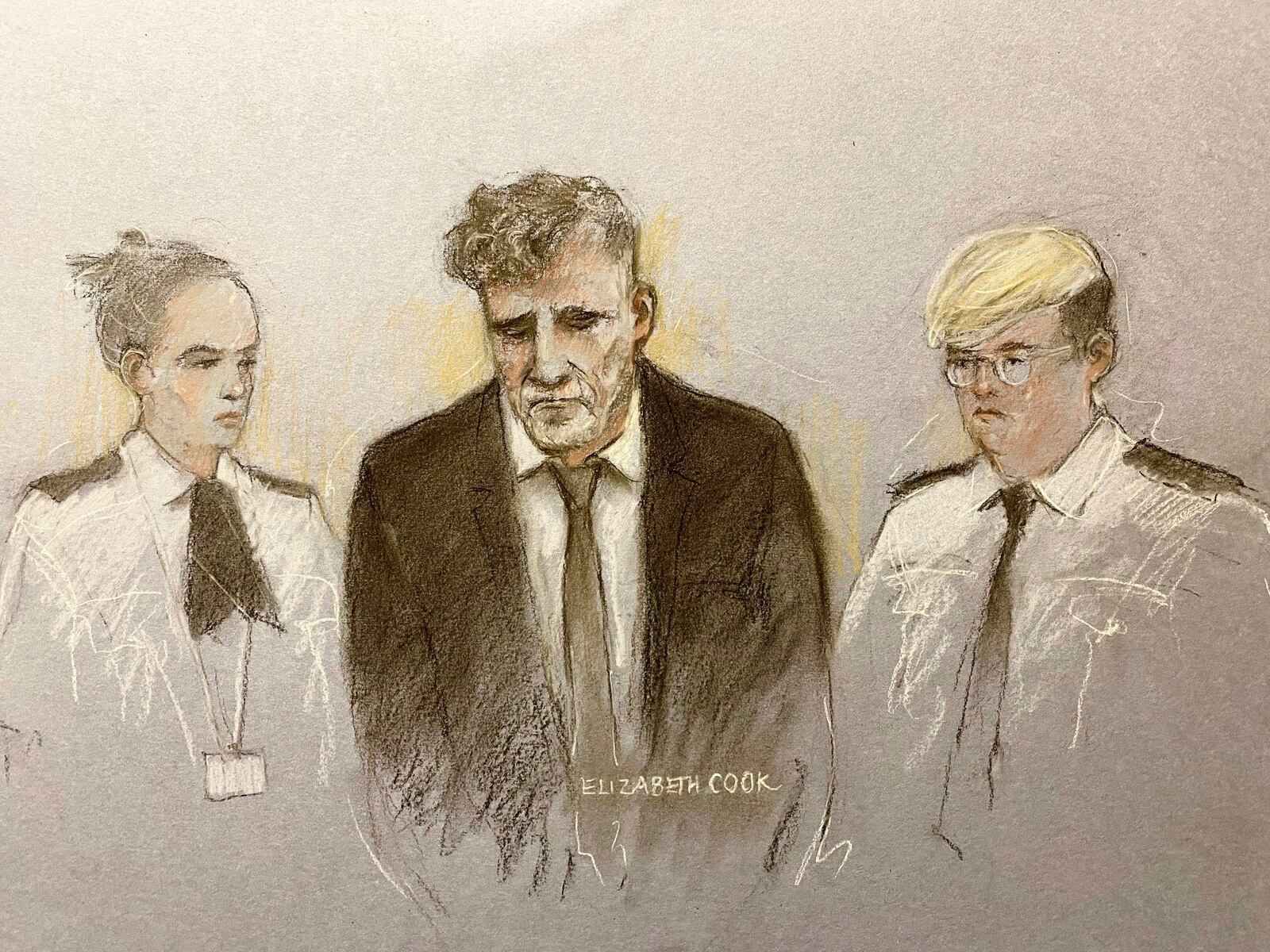 This court artist sketch by Elizabeth Cook shows Paul Doyle, 53, appearing at Liverpool Magistrates' Court, where he was remanded in custody charged with seven offenses following the incident in Liverpool city center on Monday, May 26, 2025. (Elizabeth Cook/PA via AP)
