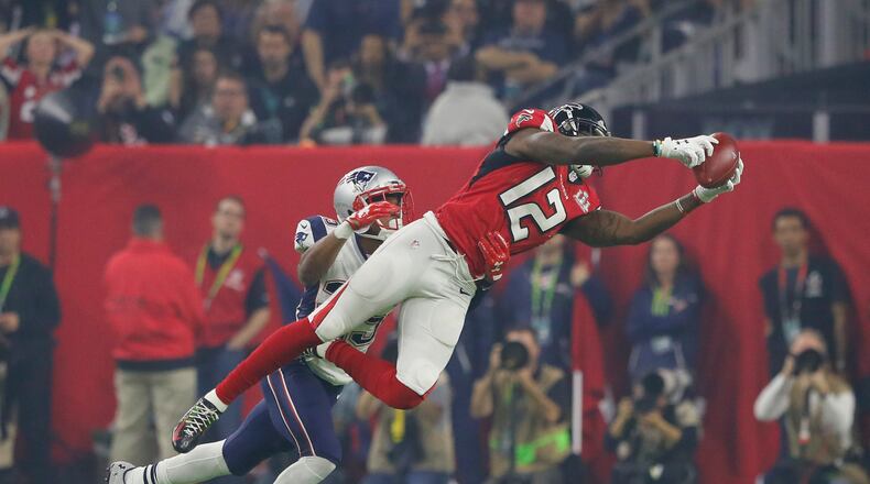 Former Bengals wide receiver Mohamed Sanu of the Atlanta Falcons makes a catch against the Patriots during Super Bowl 51 at NRG Stadium on February 5 in Houston.