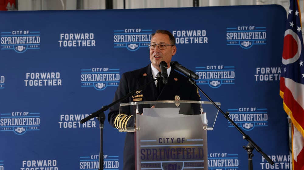 Springfield Fire Chief Jacob King speaks during a ceremony to celebrate the opening of Springfield Fire Station 6 on Tuesday, June 17, 2025, on South Charleston Pike. JOSEPH COOKE / STAFF