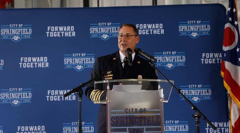 Springfield Fire Chief Jacob King speaks during a ceremony to celebrate the opening of Springfield Fire Station 6 on Tuesday, June 17, 2025, on South Charleston Pike. JOSEPH COOKE/STAFF