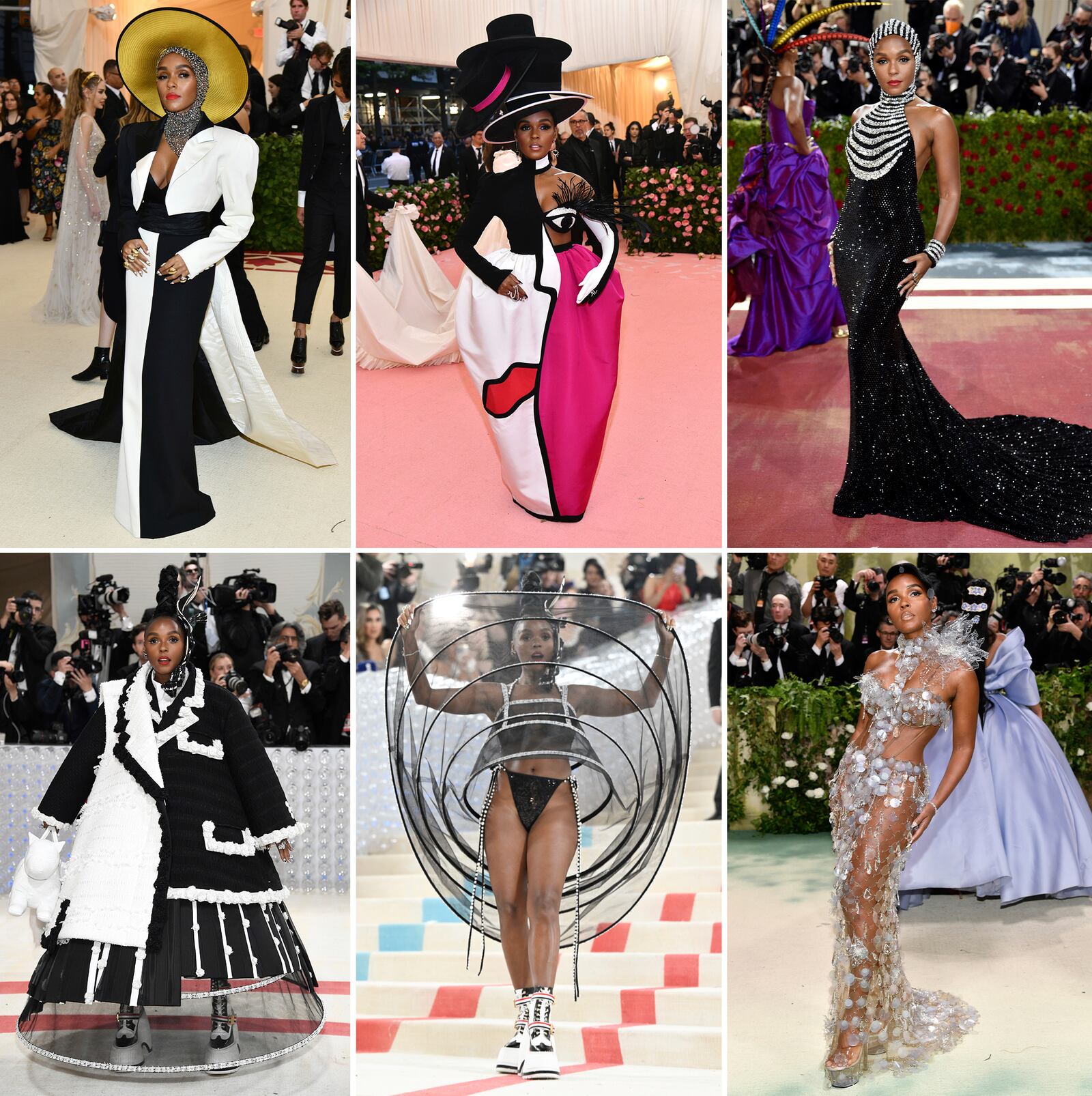 This combination of photos shows Janelle Monae's fashion outfits at The Metropolitan Museum of Art's Costume Institute benefit gala across several years. (AP Photo)