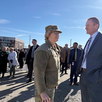 Lt. Gen. Donna Shipton, commander of the Air Force Life Cycle Management Center at Wright-Patterson Air Force Base, speaks with Jerad Barnett, president and chief executive of Synergy and Mills Development, on Thursday March 12, 2026. Synergy broke ground Thursday for its "Stratos" developments on Wright-Patterson. THOMAS GNAU/STAFF WRITER