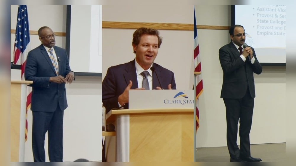 Evon Walters (left), Flavius R.W. Lilly (middle) and Rai Kathuria (right), the three finalists as the next Clark State College president, presented during open forums about future opportunities and potential improvements for student success.