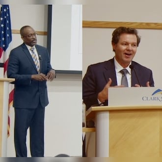 Evon Walters (left), Flavius R.W. Lilly (middle) and Rai Kathuria (right), the three finalists as the next Clark State College president, presented during open forums about future opportunities and potential improvements for student success.