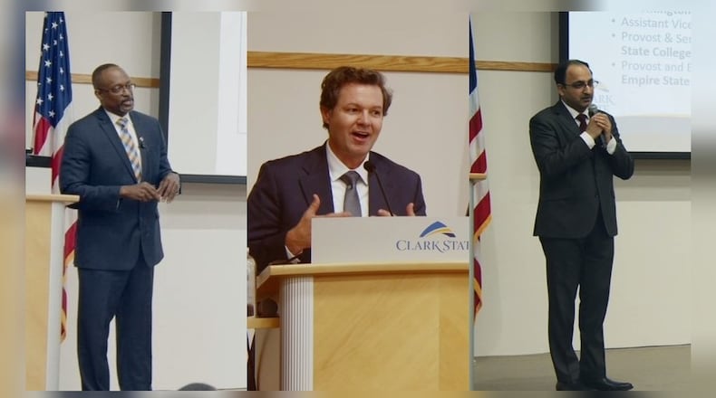 Evon Walters (left), Flavius R.W. Lilly (middle) and Rai Kathuria (right), the three finalists as the next Clark State College president, presented during open forums about future opportunities and potential improvements for student success.