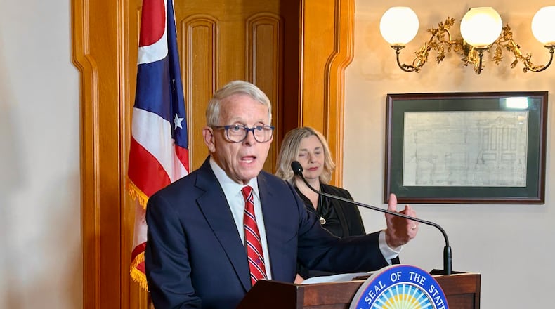 Ohio Gov. Mike DeWine, a Republican, takes questions after signing the state's 2026-2027 operating budget and penning 67 line-item vetoes. Tuesday, July 1, 2025.