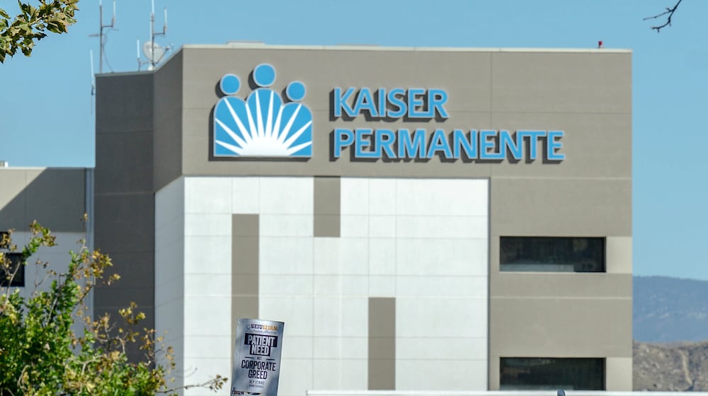 FILE - Kaiser Permanente hospital logo is seen during a nationwide strike, on Oct. 4, 2023, in Moreno Valley, Calif. (Watchara Phomicinda/The Orange County Register via AP, File)