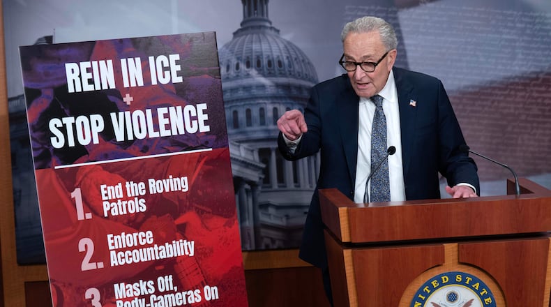 Senate Minority Leader Chuck Schumer, D-N.Y., speaks during a news conference at the Capitol in Washington, Friday, Jan. 30, 2026. The Senate voted Friday to fund most of the government through the end of September after President Donald Trump made a deal with Democrats to carve out Homeland Security funding and allow Congress to debate new restrictions on federal immigration raids across the country. (AP Photo/Jose Luis Magana)