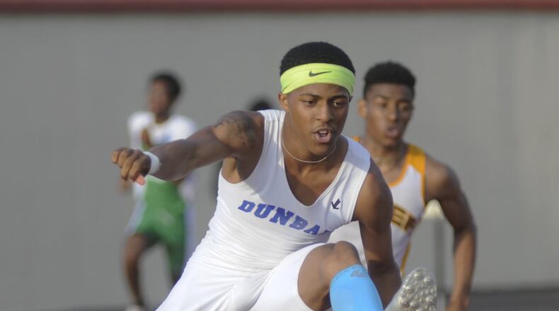 Dunbar sophomore Zamir Youngblood posted the fastest finals qualifying time of 41.05 in the 300 hurdles during the Division II district track and field meet at Dayton’s Welcome Stadium on Thursday, May 18, 2017. MARC PENDLETON / STAFF