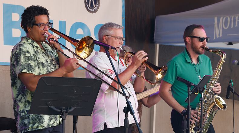 Mother's Jazz Collective plays on the Mother Stewart's stage for the third annual Springfield Jazz & Blues Fest Friday, August 9, 2024. The musical event, at National Road Commons park and Mother Stewart's Brewing Co., is presented by the Springfield Kiwanis and features 18 acts featuring national, regional and local performers. The event will continue through Saturday evening. BILL LACKEY/STAFF