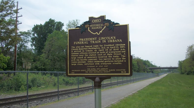 An Ohio Historical Marker in Urbana, on the Simon Kenton Trail just southwest of Main and Fyffe, describes President Abraham Lincoln's funeral train passing the spot on April 29, 1865. Photo courtesy RemarkableOhio.org