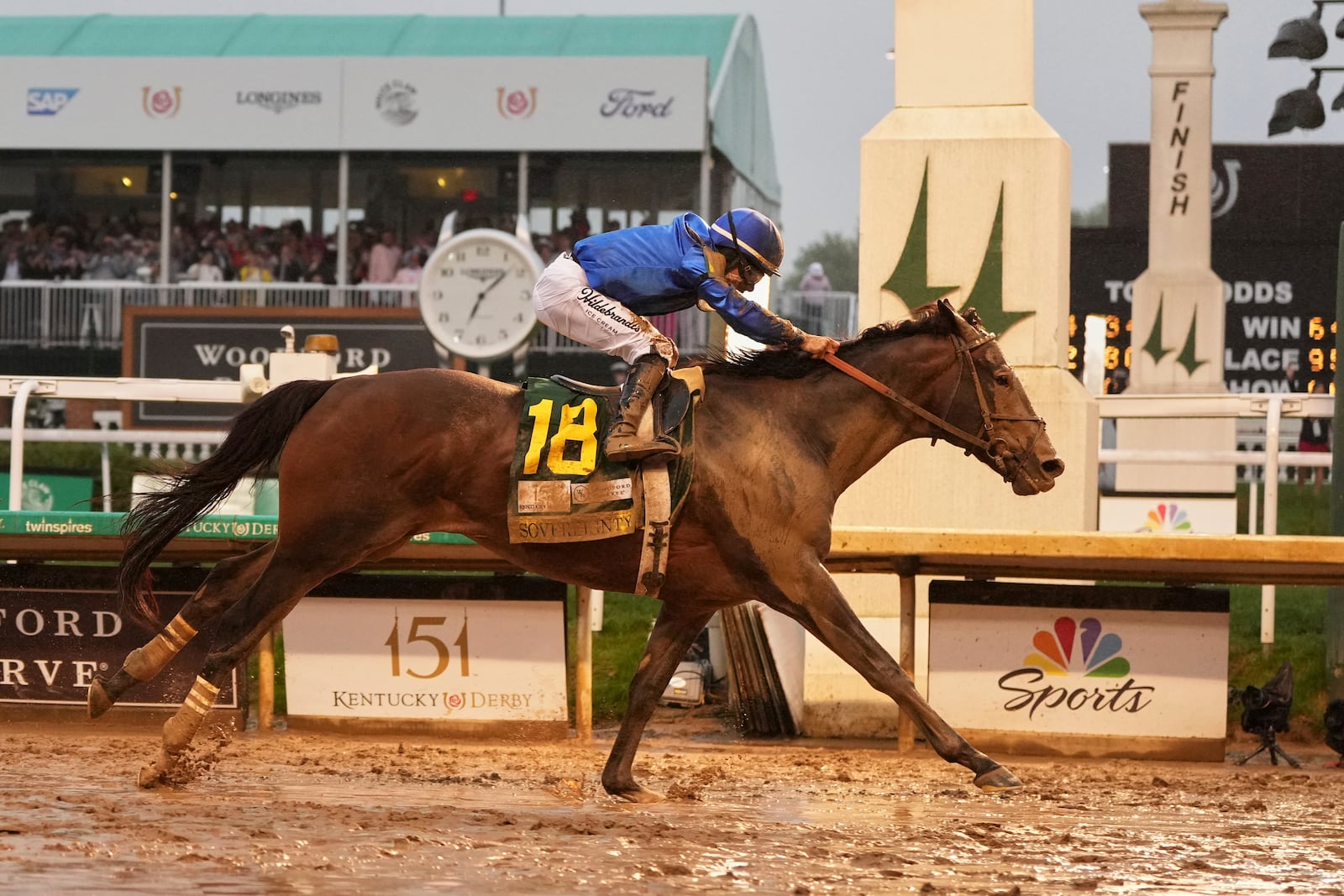 Sovereignty, ridden by Junior Alvarado, crosses the finish line to win the 151st running of the Kentucky Derby horse race at Churchill Downs Saturday, May 3, 2025, in Louisville, Ky. (AP Photo/Jeff Roberson)