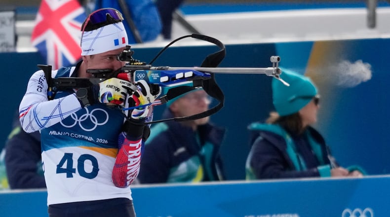 Quentin Fillon Maillet, of France, competes during the men's 10-kilometer sprint biathlon race at the 2026 Winter Olympics in Anterselva, Italy, Friday, Feb. 13, 2026. (AP Photo/Bernat Armangue)