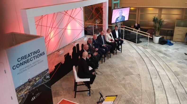 A panel at the Dayton Development Coalition’s annual meeting early in 2017 at the Schuster Center. THOMAS GNAU/STAFF