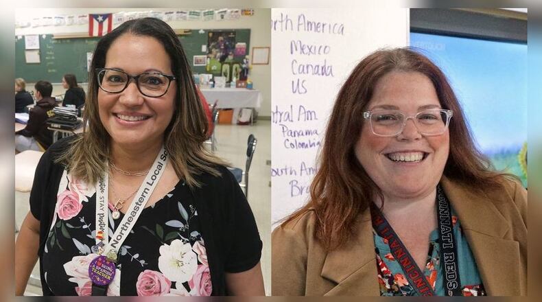 Some of the many teachers who are making a difference in the classroom: (from left to right) Viangie Gibson, Spanish teacher at Kenton Ridge High School and Heather Stambaugh, American studies teacher at Greenon High School.