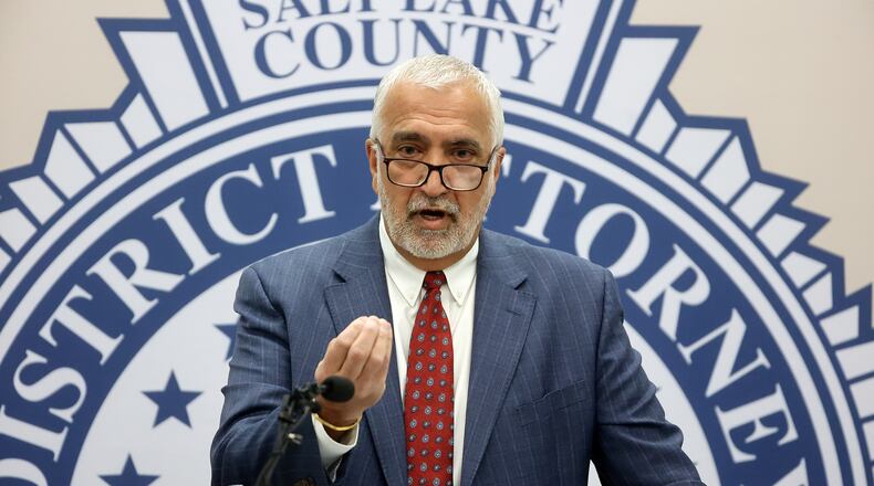 Salt Lake County District Attorney Sim Gill speaks at a press conference at the District Attorney's Office about manslaughter charges filed against Matt Alder for the fatal shooting of Arthur Folasa Ah Loo, who was an innocent bystander at a "No Kings" rally, in Salt Lake City, Wednesday, Dec. 3, 2025. (Kristin Murphy/The Deseret News via AP)