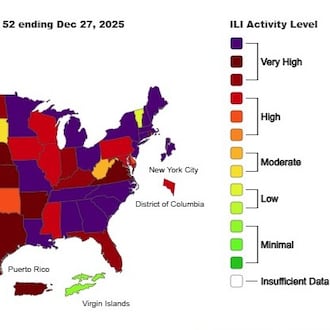 This is the weekly Outpatient Respiratory Illness Activity map from the CDC, for the week ending Dec. 27, 2025.