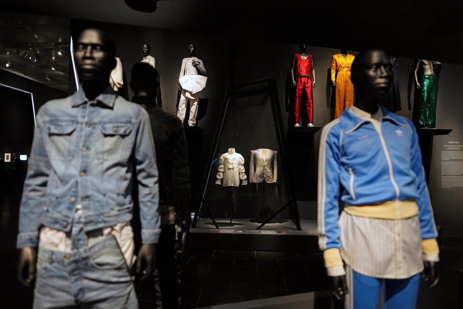 Designs are displayed at the Metropolitan Museum of Art's Costume Institute exhibition, "Superfine: Tailoring Black Style," on Saturday, May 3, 2025, in New York. (Photo by Charles Sykes/Invision/AP)