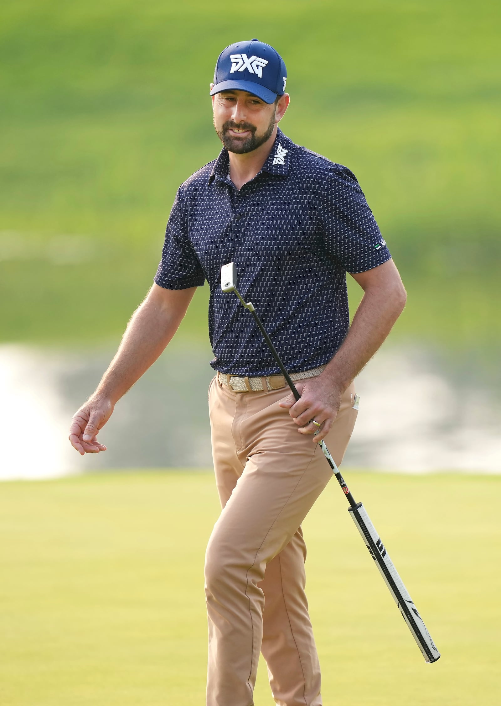 Cristobal Del Solar smiles on the 18th hole during the first round of the Canadian Open in Alton, Ontario, Thursday, June 5, 2025. (Nathan Denette/The Canadian Press via AP)