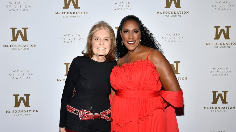 FILE - Ms. Foundation President and CEO Teresa Younger, right, and Gloria Steinem pose at the Ms. Foundation's Women of Vision Awards at the Ziegfeld Ballroom, May 16, 2023, in New York. (Photo by Evan Agostini/Invision/AP, File)