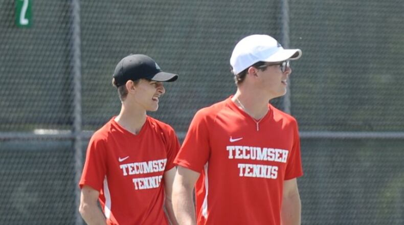 The Tecumseh doubles team of Scot Sinkhorn (left) and Christian Hunt advanced to next week’s Division I district tennis tournament. Greg Billing/CONTRIBUTED