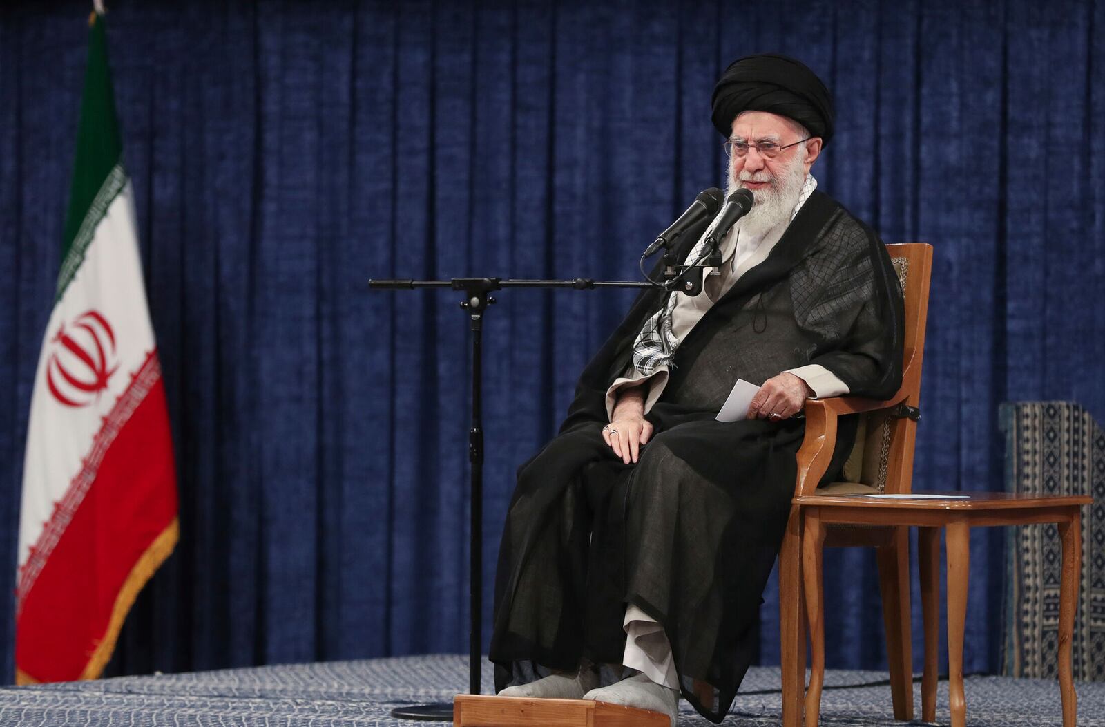 In this photo released by the official website of the office of the Iranian supreme leader, Supreme Leader Ayatollah Ali Khamenei speaks during a memorial in Tehran, Iran, Tuesday, May 20, 2025 for late President Ebrahim Raisi, who died in a helicopter crash last year. (Office of the Iranian Supreme Leader via AP)