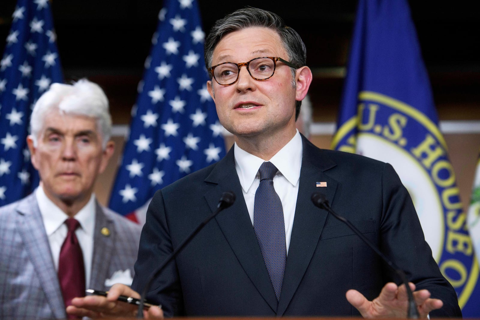 FiLE - House Speaker Mike Johnson, R-La., speaks during a news conference at the Capitol, May 6, 2025, in Washington. (AP Photo/Rod Lamkey, Jr., File)