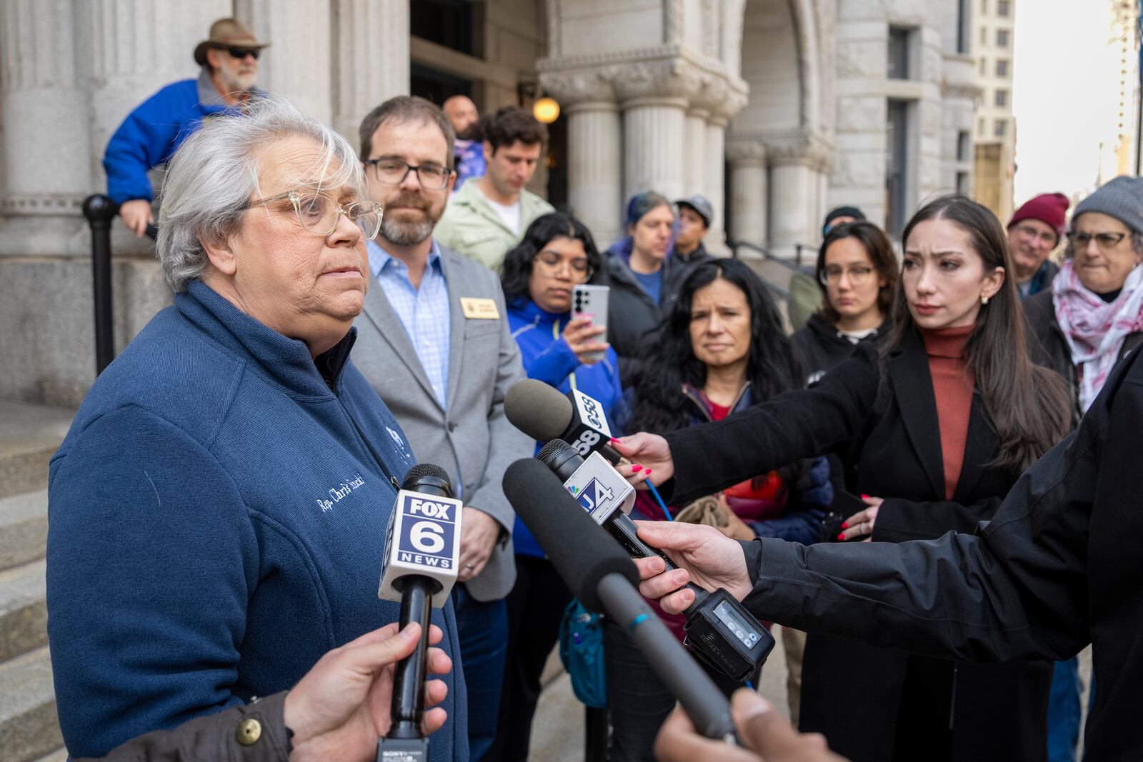 Rep. Christine Sinicki, D-Milwaukee, addresses the media outside of the federal courthouse Friday, April 25, 2025, in Milwaukee after county Judge Hannah Dugan was arrested. (AP Photo/Andy Manis)