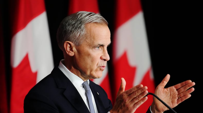 Canada Prime Minister Mark Carney makes a live address on Canada's plan to build a stronger economy in advance of the 2025 Budget, at the University of Ottawa in Ottawa on Wednesday, Oct. 22, 2025. (Sean Kilpatrick/The Canadian Press via AP)