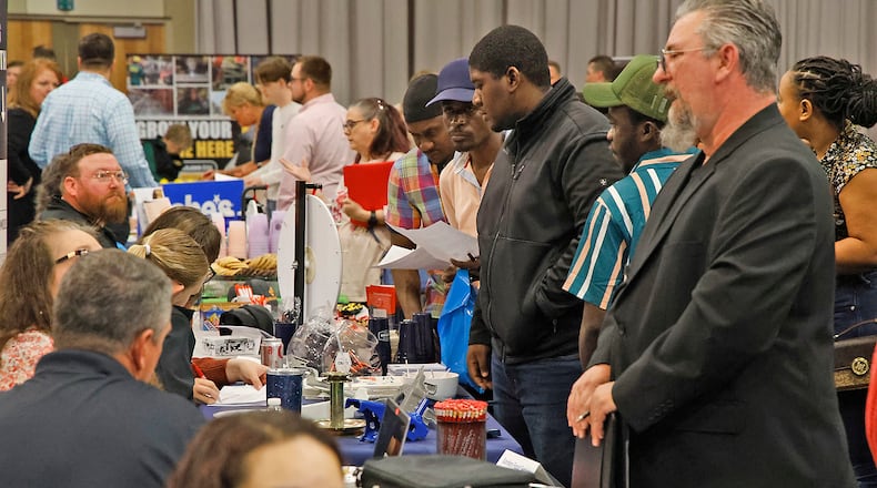 Over 60 employers filled the Hollenbeck Bayley Conference Center for the 14th Annual Clark County Job Fair Wednesday, April 17, 2024. BILL LACKEY/STAFF