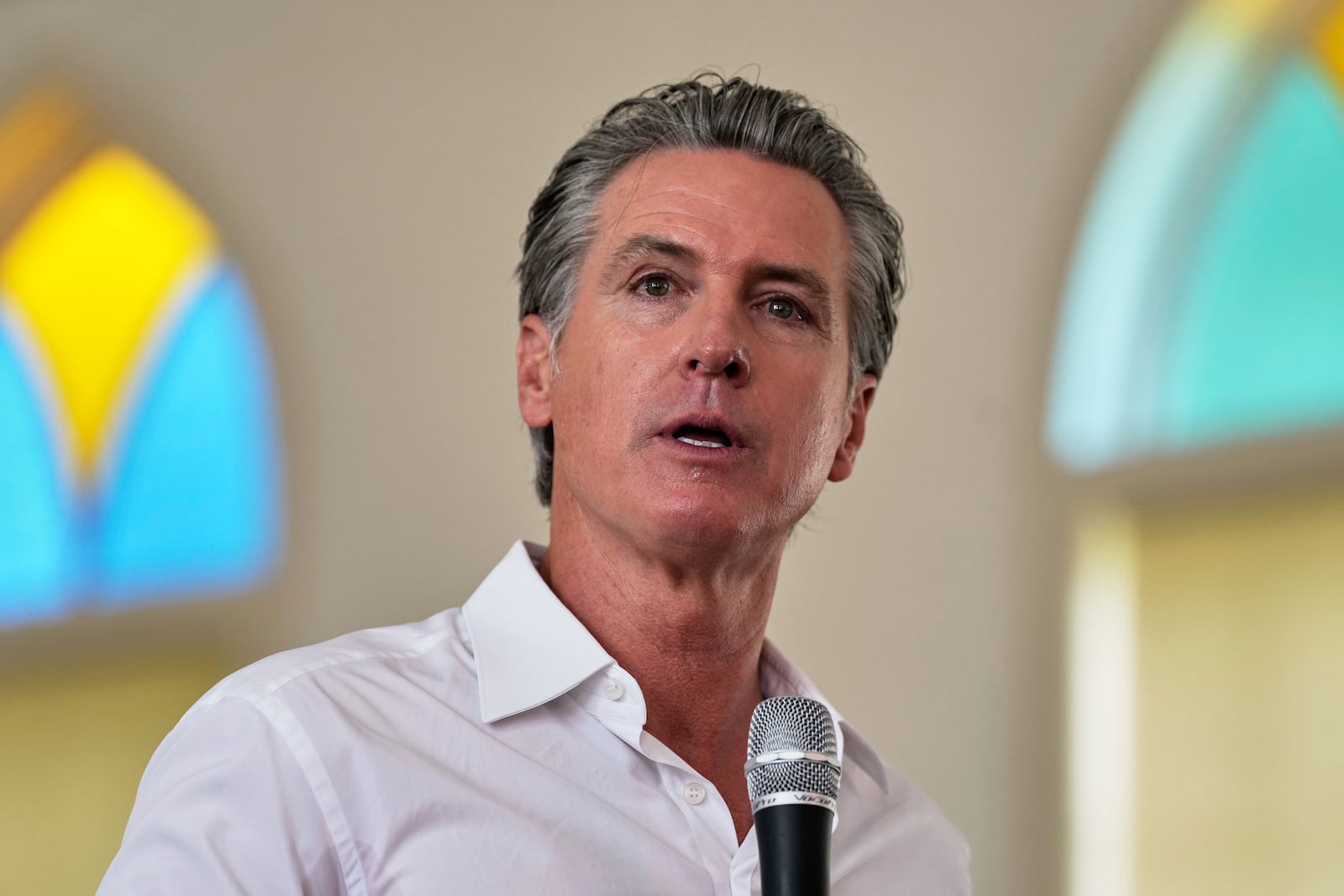 Gov. Gavin Newsom, D-Calif., gives remarks to a crowd at St. Paul First Baptist Church on Wednesday, July 9, 2025, in Laurens, S.C. (AP Photo/Meg Kinnard)