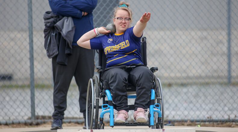 Cutline: Springfield High School junior Jadyn Marstella competes in the seated shot put at the Greenon Invitational on Tuesday, April 20. Earlier this season, Marstella became the first Clark County para-athlete to qualify for the OHSAA Track and Field Championships. Michael Cooper/CONTRIBUTED