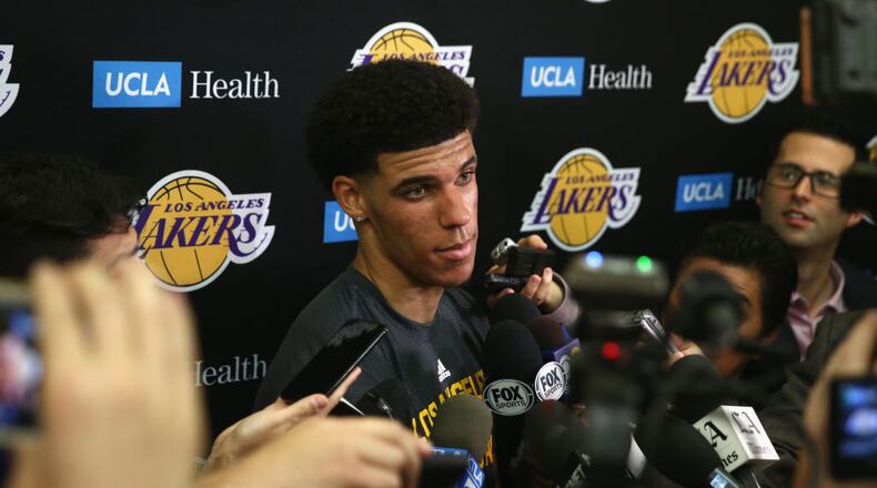 EL SEGUNDO, CA - JUNE 07: NBA Prospect Lonzo Ball speaks with the media after a workout with the Los Angeles Lakers at Toyota Sports Center on June 7, 2017 in El Segundo, California. NOTE TO USER: User expressly acknowledges and agrees that, by downloading and or using this photograph, User is consenting to the terms and conditions of the Getty Images License Agreement. (Photo by Sean M. Haffey/Getty Images)