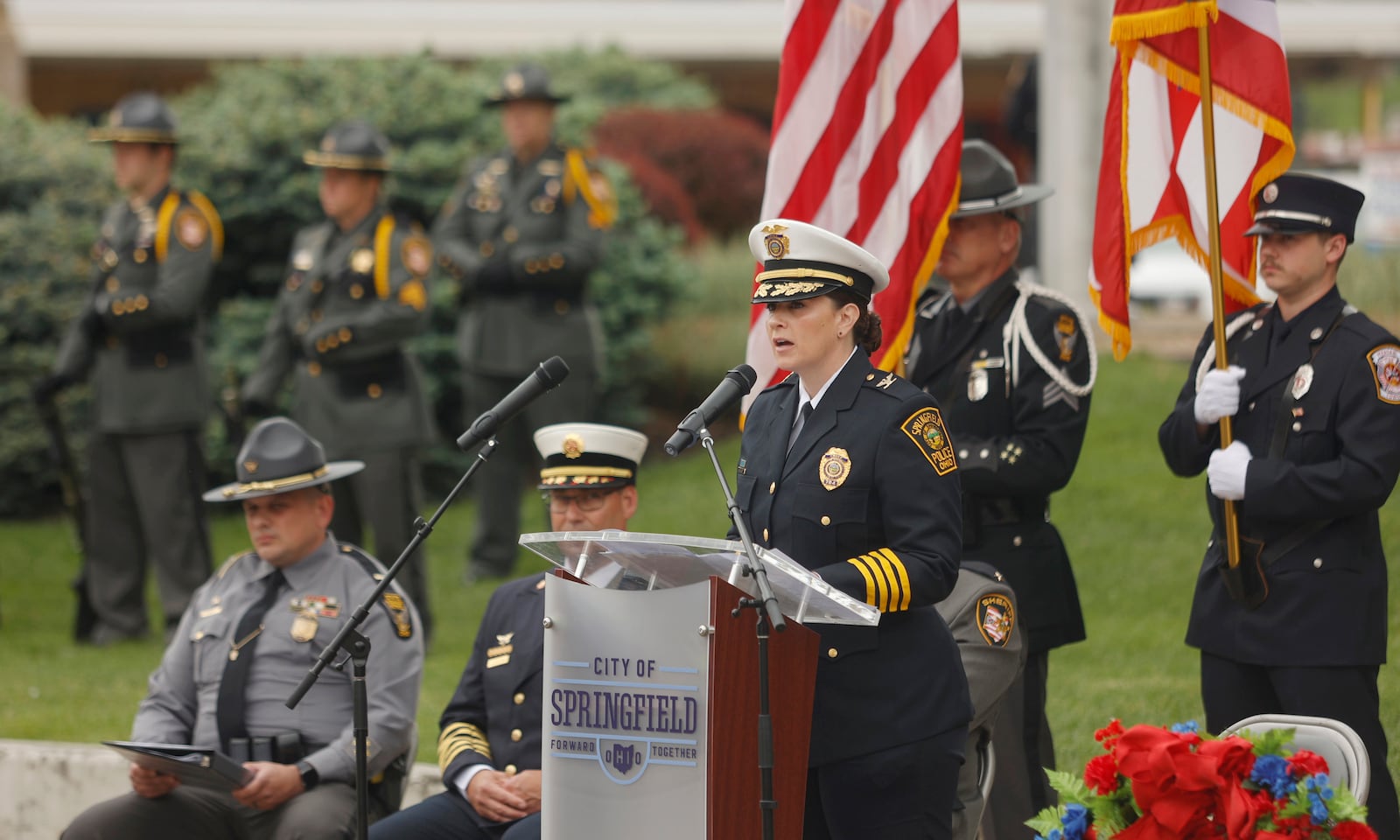 Springfield Police chief Allison Elliott speaks during the Public Safety Forces Day on Friday, May 2, 2025, near the Clark County Public Safety Memorial. JOSEPH COOKE/STAFF