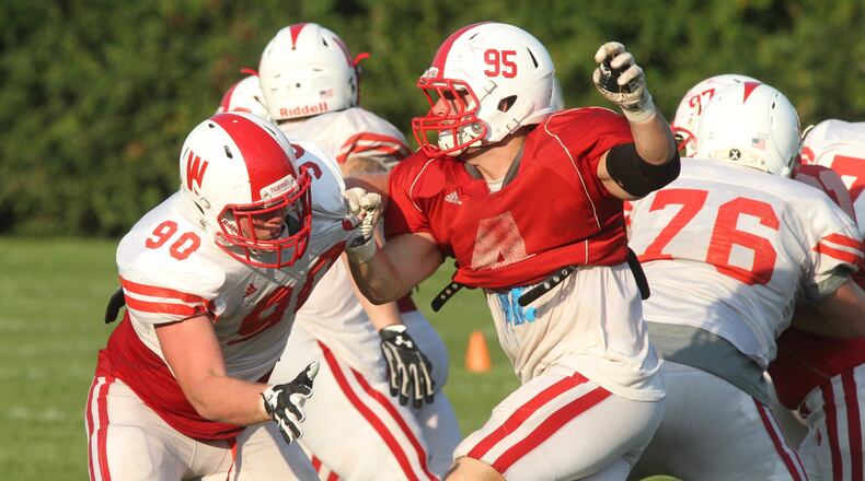 Wittenberg defensive lineman Chandler Ferko (95) practices on Wednesday, Sept. 28, 2017, in Springfield. David Jablonski/Staff